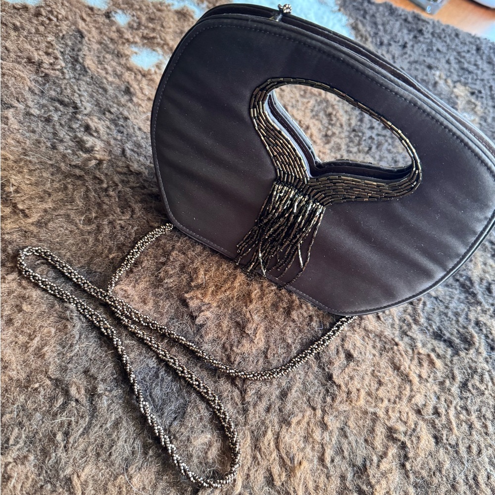 INGE CHRISTOPHER Brown Beaded Fringe Removable Bead Strap Crossbody Purse Clutch